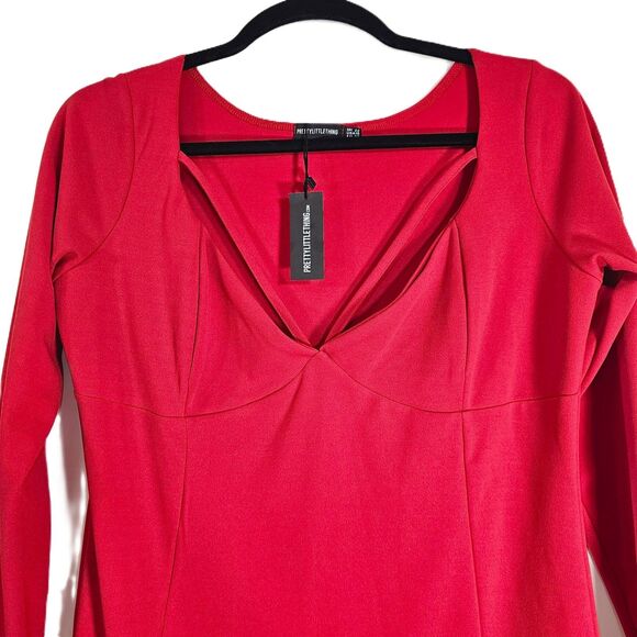 PrettyLittleThing Red Bodycon Dress 22 Long Sleeve Party Holiday Date Night NWT - Picture 4 of 7
